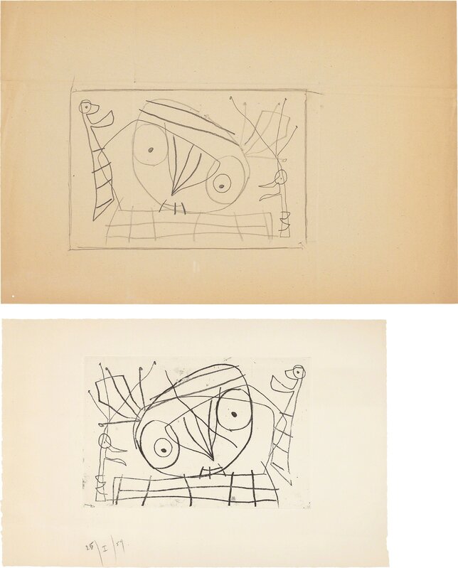 Joan Miró, ‘[Visage/Oiseau]: two works’, 1959, Print, Graphite drawing and a soft-ground etching, on heavy tracing paper and Rives BFK paper respectively, with full margins, Phillips