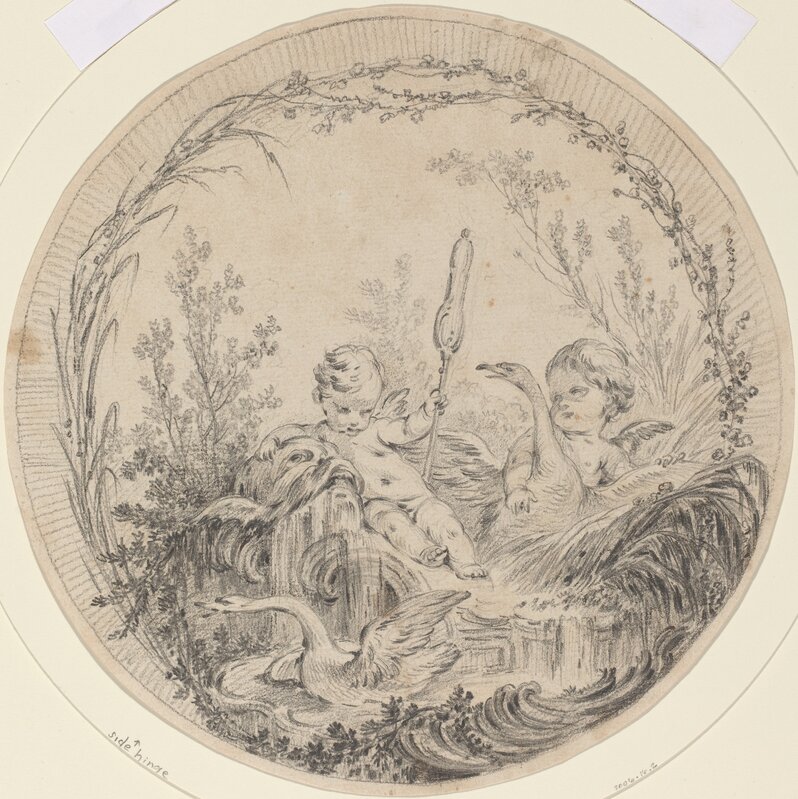 Attributed to Charles Eisen, ‘Two Putti Playing with Swans’, Drawing, Collage or other Work on Paper, Black chalk on laid paper, National Gallery of Art, Washington, D.C.