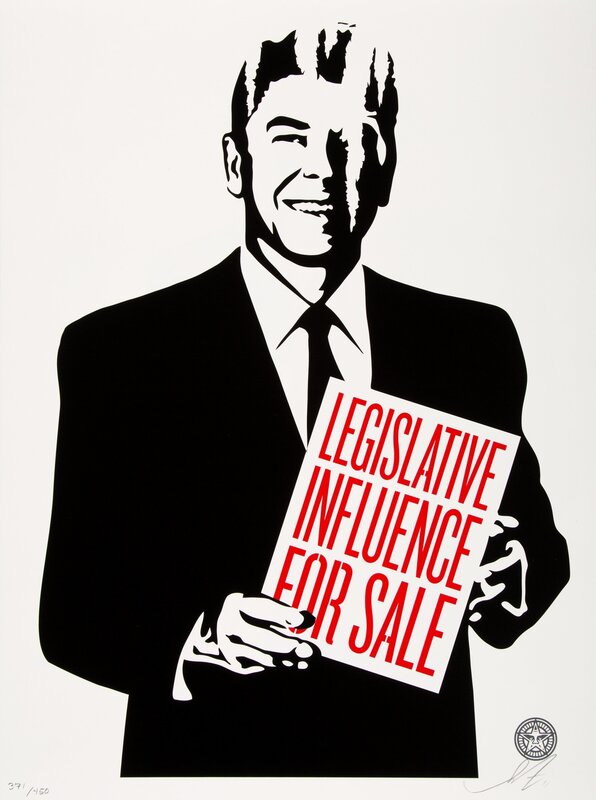 Shepard Fairey, ‘It's Mourning in America; Top Elite Faschions for Sale; Legislative Influence for Sale; Corporate Violence for Sale (four works)’, 2011, Print, Screenprint in colors on speckled cream paper, Heritage Auctions