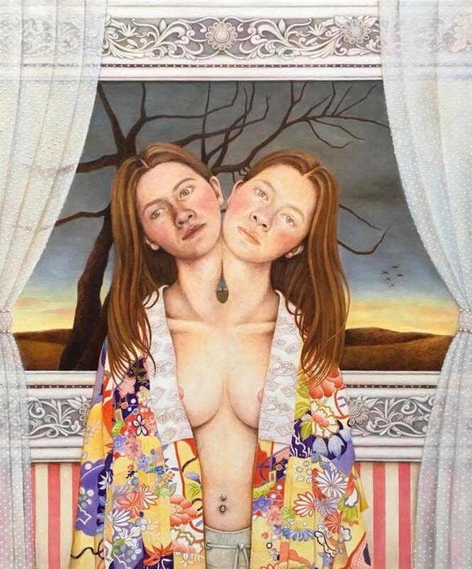 Chikako Okada, ‘Lovers / oil on wood, twin sisters surreal conjoined’, 2018, Painting, Oil on wood panel, Andra Norris Gallery