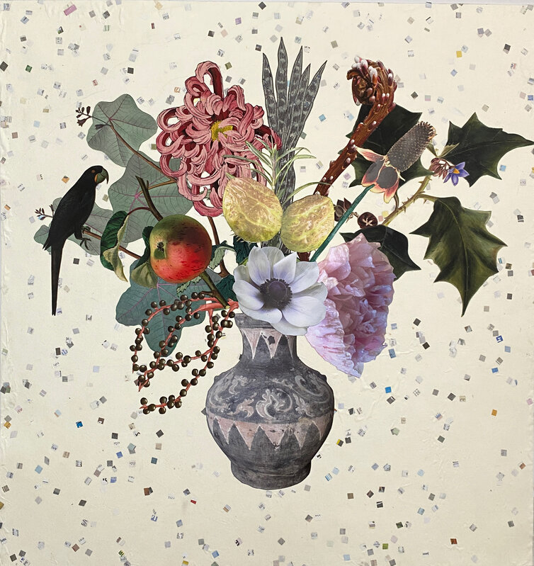 Jane Hammond, ‘Han Dynasty Vase with Fantail Willow, Anemone and Frosty Palm’, 2021, Drawing, Collage or other Work on Paper, Unique botanical collage with linocut, digital printing, coloured pencil, watercolour and gouache, hand cut and assembled on Thai paper collaged over Coventry Rag., Lyndsey Ingram