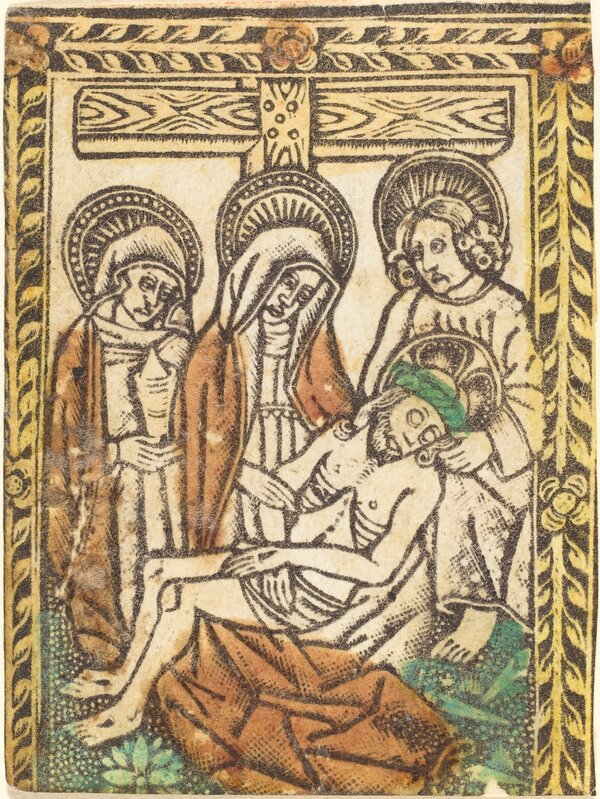 Workshop of Master of the Borders with the Four Fathers of the Church, ‘The Lamentation’, 1460/1480, Print, Metalcut, hand-colored in yellow, red-brown lake, and green, National Gallery of Art, Washington, D.C.