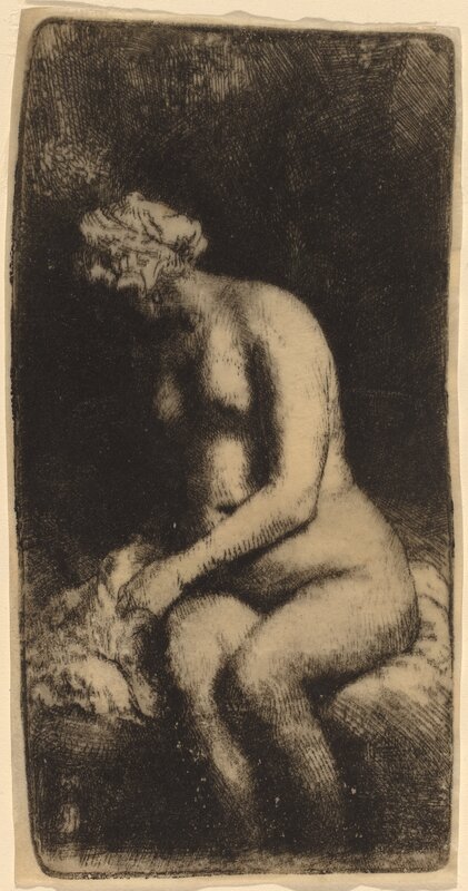 Rembrandt van Rijn, ‘Nude Seated on a Bench with a Pillow (Woman Bathing Her Feet at a Brook)’, 1658, Print, Etching and engraving on vellum, National Gallery of Art, Washington, D.C.