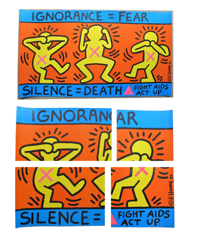 Keith Haring, ‘"Ignorance = Fear = Silence = Death/ Fight Aids Act Up", Poster, Lithograph, AIDS Coalition ACT UP,  ORIGINAL with TWO INKS (matte & semi-gloss)’, 1989, Print, Lithograph on paper. ORIGINAL with the TWO INKS (matte & semi-gloss), VINCE fine arts/ephemera