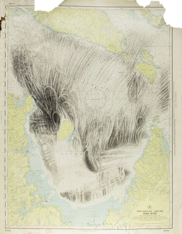 Alexander Ponomarev, ‘Glacier’, 2016, Drawing, Collage or other Work on Paper, Graphite on navigational map, Richard Taittinger Gallery