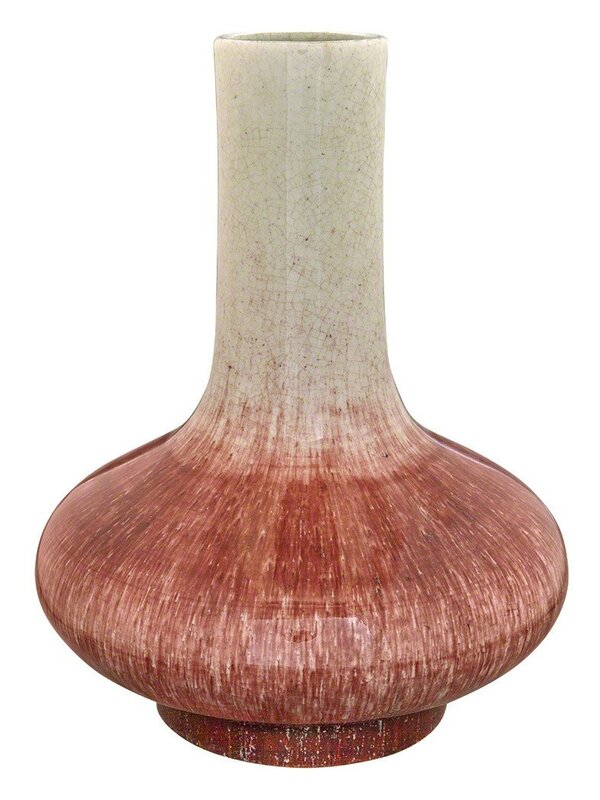 ‘Chinese Flambe Glazed Porcelain Bottle Vase’, Kangxi Period, Design/Decorative Art, Of compressed ovoid form raised on a short foot rim and rising to a long, slender neck, covered with a copper red glaze suffused with a network of fine crackles thinning to a cream at the neck and mouth, the interior base glazed pale blue with crackle., Doyle