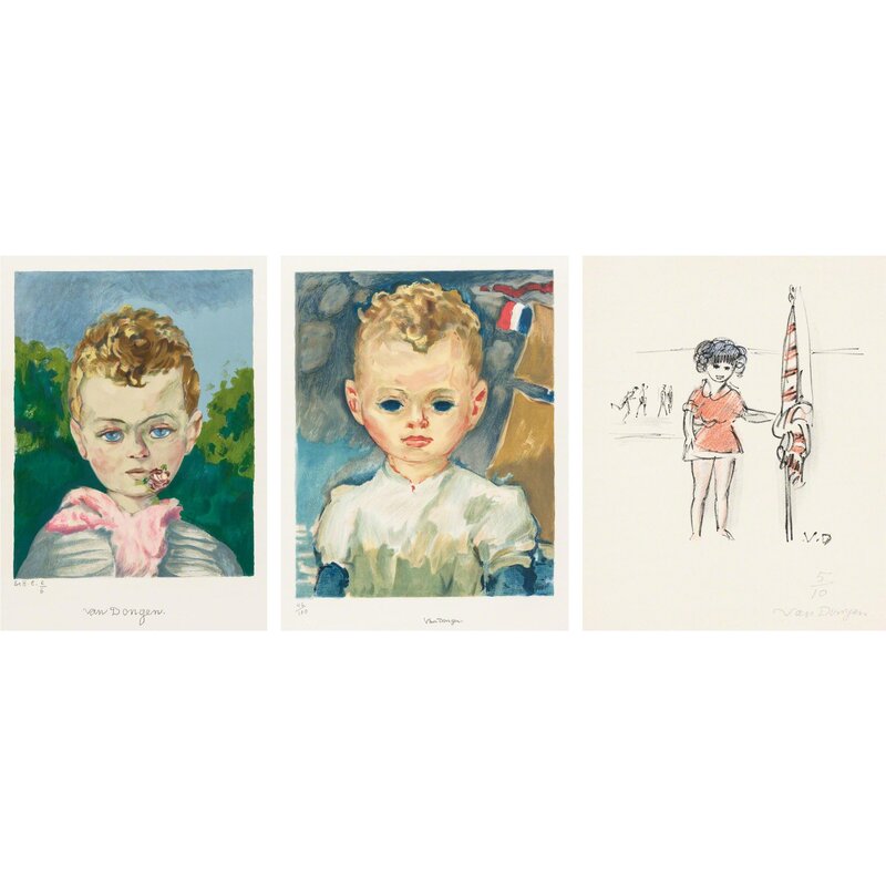 Kees van Dongen, ‘JEAN-MARIE WITH A FLOWER IS HIS MOUTH; JEAN-MARIE IN THE HARBOR; DANS LA PLAGE (J. JL 20; JL 22; SEE PP. 180)’, circa 1950, Print, Three color lithographs, Doyle