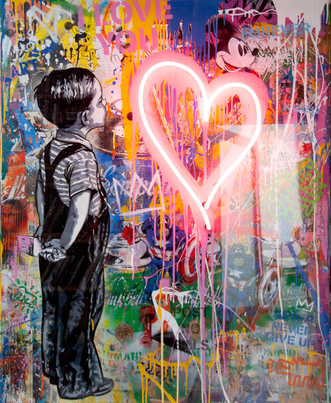 Mr. Brainwash, ‘With All My Love’, 2019, Painting, Oil and mixed media on canvas, with neon lightbulb, in plexiglass box., Christopher-Clark Fine Art