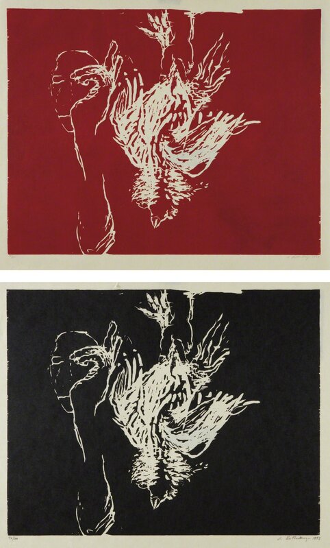 Susan Rothenberg, ‘Dead Rooster (Red); and Dead Rooster (Black)’, 1993, Print, Two woodcuts in colors, on Korean Kozo paper, with full margins, Phillips