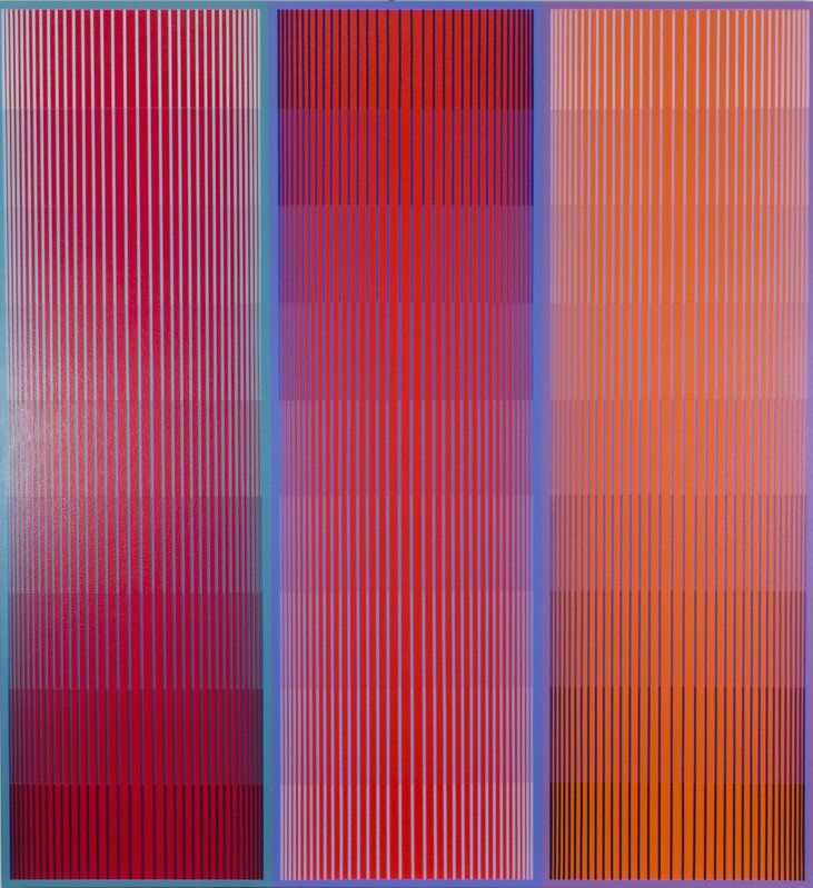 Richard Anuszkiewicz, ‘Red Cadmium Trio’, 2018, Painting, Acrylic on canvas, Loretta Howard Gallery