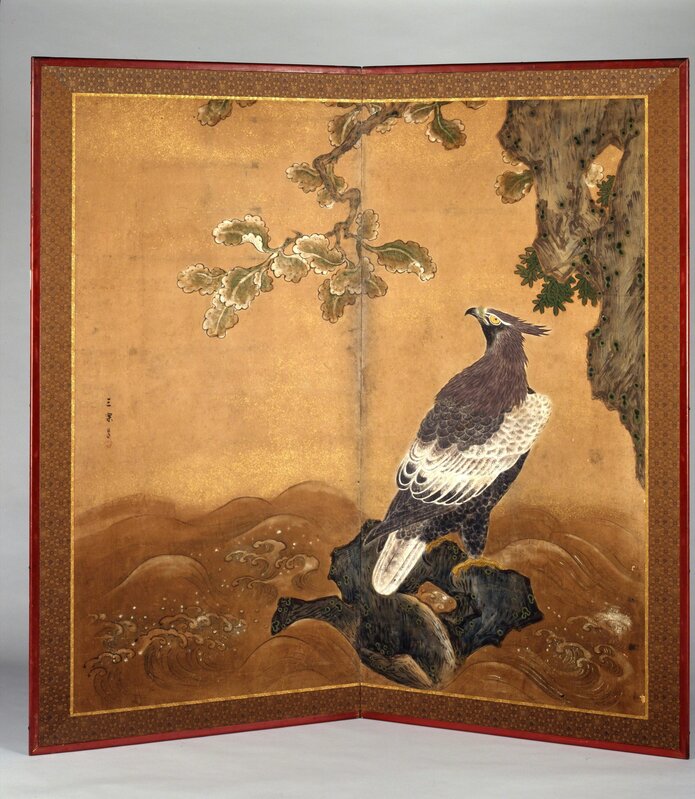 Kano Sanraku, ‘Hawk-Eagle and Oak’, 17th century, Drawing, Collage or other Work on Paper, Ink and color on paper, Indianapolis Museum of Art at Newfields