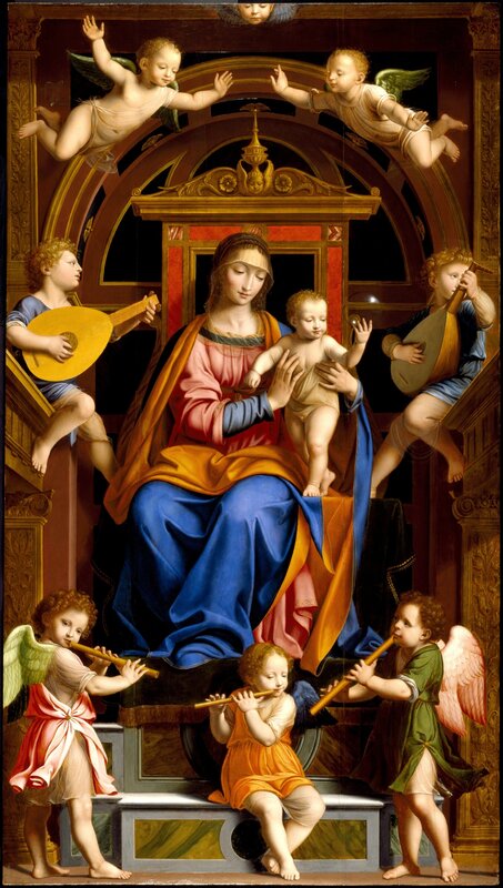 Workshop of Bernardino Luini, ‘Madonna and Child Enthroned with Angels’, mid-16th century, Painting, Oil on polar panel, Brooklyn Museum