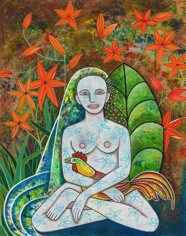 Alicia Leal, ‘La mujer del galo | Woman with Cock’, 2018, Painting, Acrylic on canvas, ArteMorfosis - Cuban Art Platform