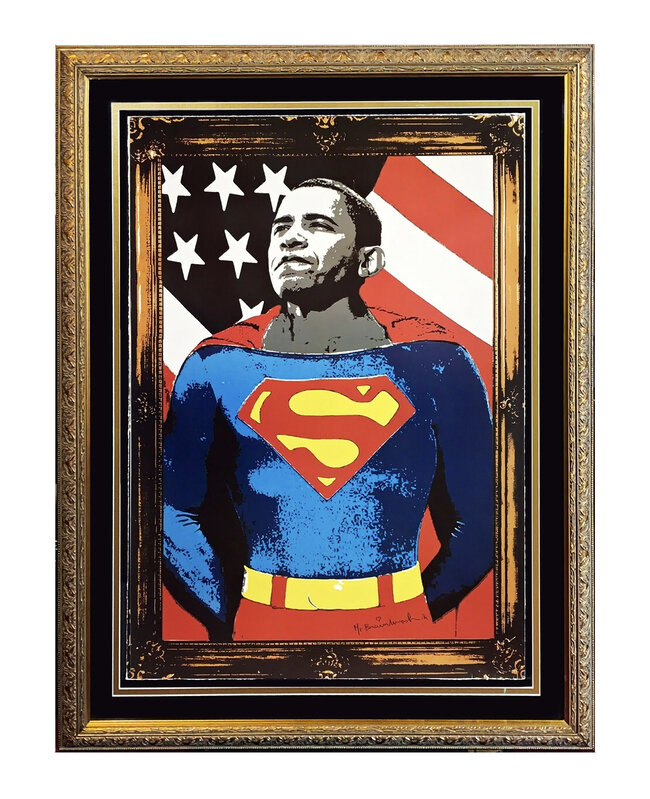 Mr. Brainwash, ‘'Obama Superman' (gold - framed)’, 2008, Print, Screen print on deckled edge, 330gsm Fabriano fine art paper. Professionally float-framed on acid-free black matting with UV-plexiglass in thick, ornate gold molding., Signari Gallery