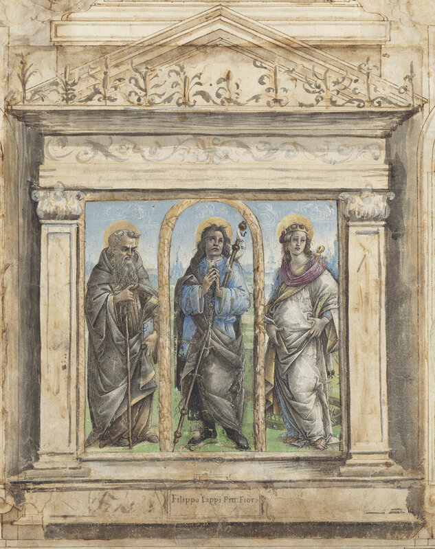 Raffaellino del Garbo, ‘Saint Roch between Saints Anthony Abbot and Catherine of Alexandria’, ca. 1485/1495, Drawing, Collage or other Work on Paper, Gouache and brown wash heightened with white on laid paper, National Gallery of Art, Washington, D.C.