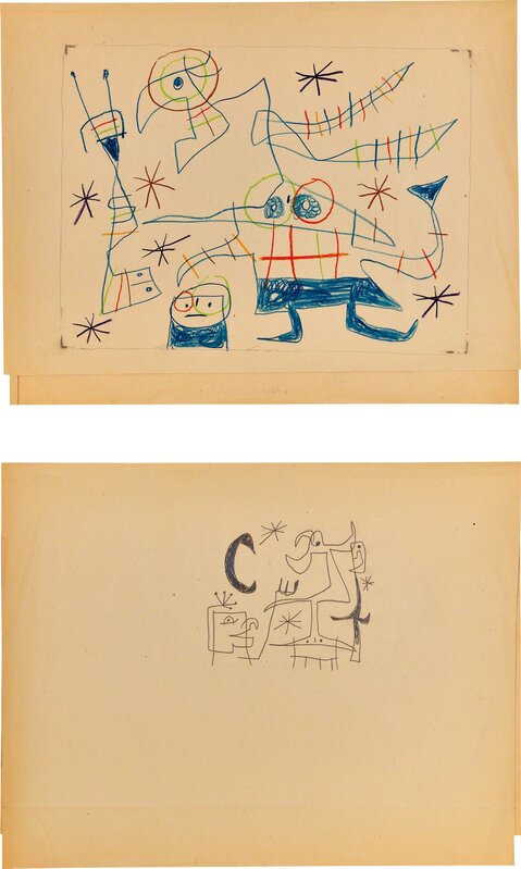 Joan Miró, ‘Femme-oiseau II / L'oiseau dressé’, 1960, Print, Two drawings including Femme-oiseau II in colored crayons and L'oiseau dressé  in graphite, on the same side of one sheet of tracing paper (folded), Phillips