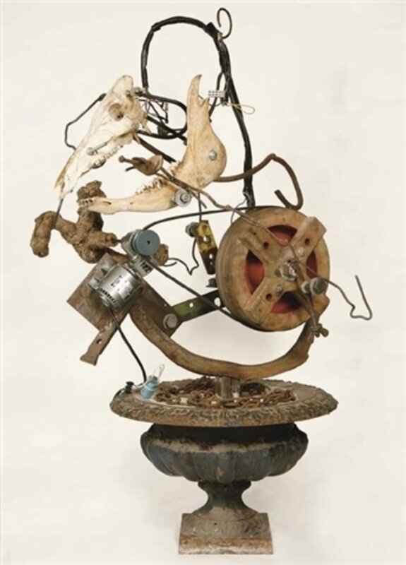Jean Tinguely, ‘Proletkunst No. 4’, 1989, Sculpture, Iron, wire, wood, cast-iron urn, electric motor, cement, pig skull, cow mandible, tree branch and electric tape, Galerie Andrea Caratsch
