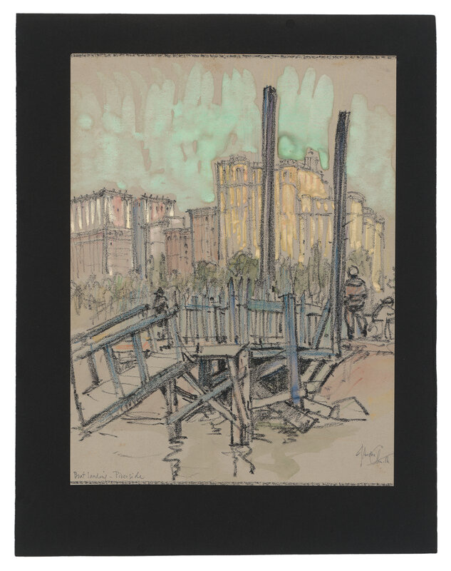 Jules Andre Smith, ‘A Boat Landing Riverside Drive’, ca. 1915, Drawing, Collage or other Work on Paper, Black chalk, coloured pencils, watercolour and gouache on brown paper; black chalk framing lines, Christopher Bishop Fine Art 