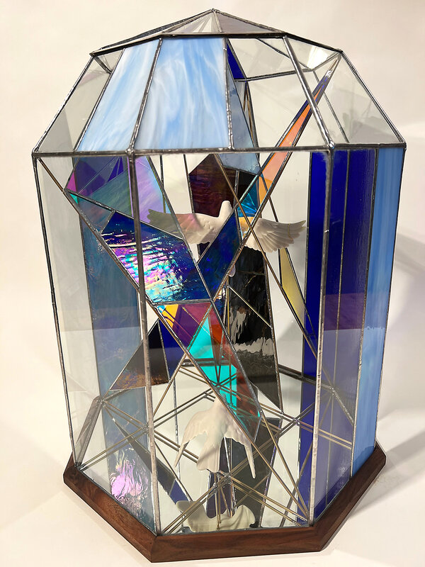 Laurel Roth, ‘Migrating in the Anthropocene’, 2021, Sculpture, Porcelain, gold, glass, mirror, dichroic glass,  lead, brass, and walnut, Catharine Clark Gallery