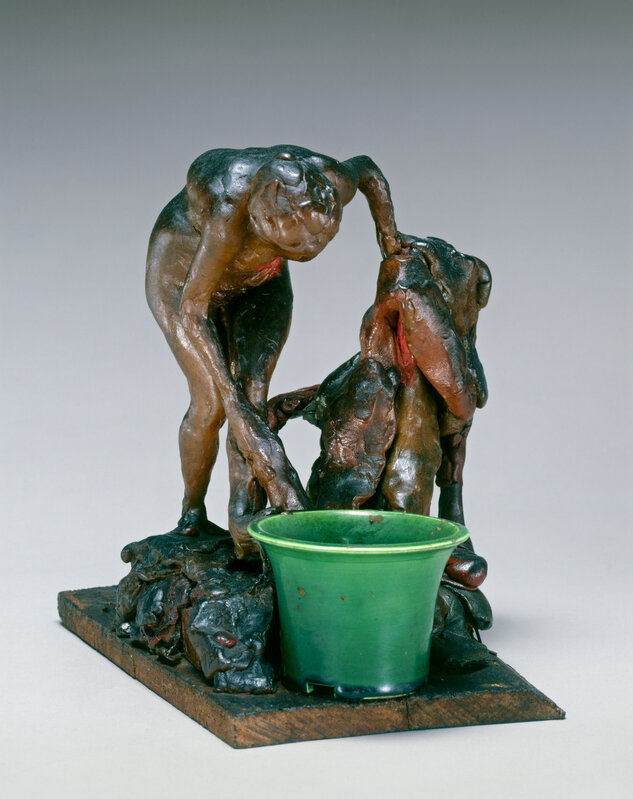 Edgar Degas, ‘Woman Washing Her Left Leg’, ca. 1890s, Sculpture, Yellow, red, and olive-green wax, green ceramic pot, National Gallery of Art, Washington, D.C.