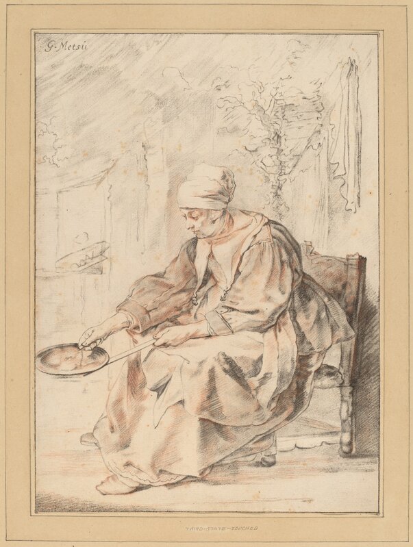 Cornelis Ploos van Amstel and Johannes Kornlein after Gabriel Metsu, ‘Pancake Woman’, 1768, Print, Transfer technique, hand-colored with red chalk (?), National Gallery of Art, Washington, D.C.