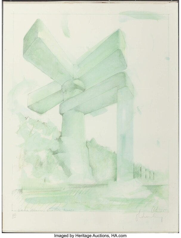 Claes Oldenburg, ‘Proposal for a Cathedral in the Form of a Sink Faucet for Lake Union, Seattle, Washington’, 1972, Print, Lithograph in colors on paper, Heritage Auctions