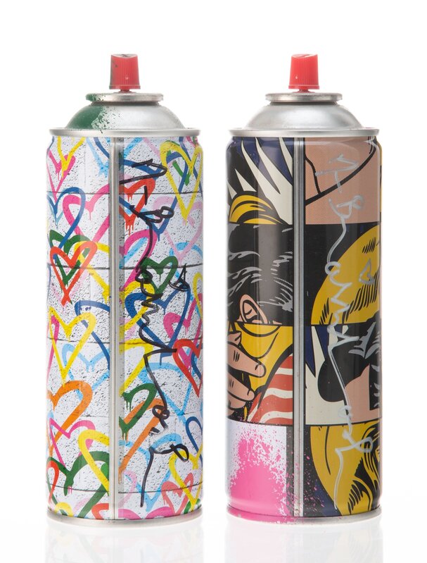 Mr. Brainwash, ‘Hearts Spray (Green) and Frankenstein Spray (Pink) (two works)’, 2017, Print, Offset lithographs in colors with hand embellishments on steel cans, Heritage Auctions