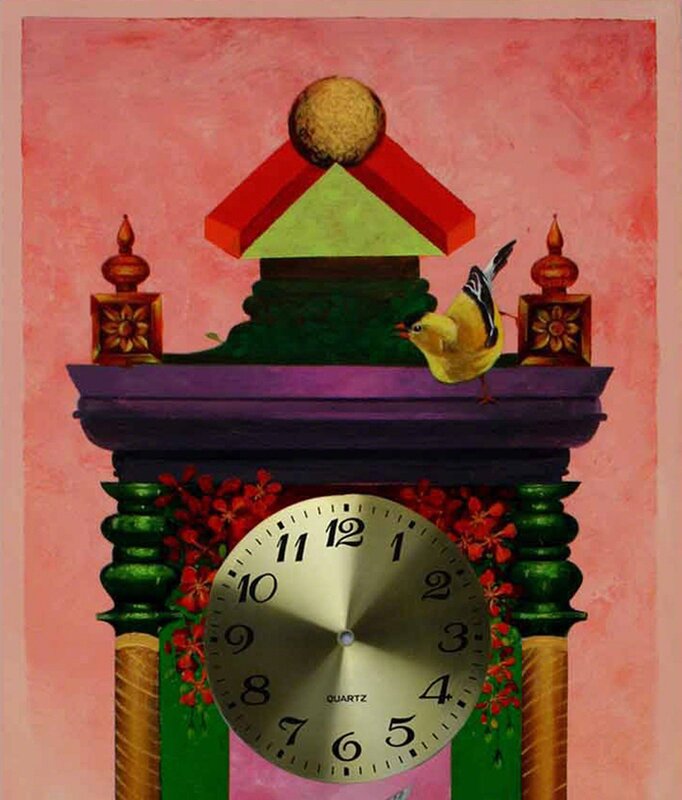 Pradosh Swain, ‘Longing Past IV : Wall clock, bright pink and metalic color in acrylic on canvas’, 2011, Painting, Acrylic on canvas, Gallery Kolkata