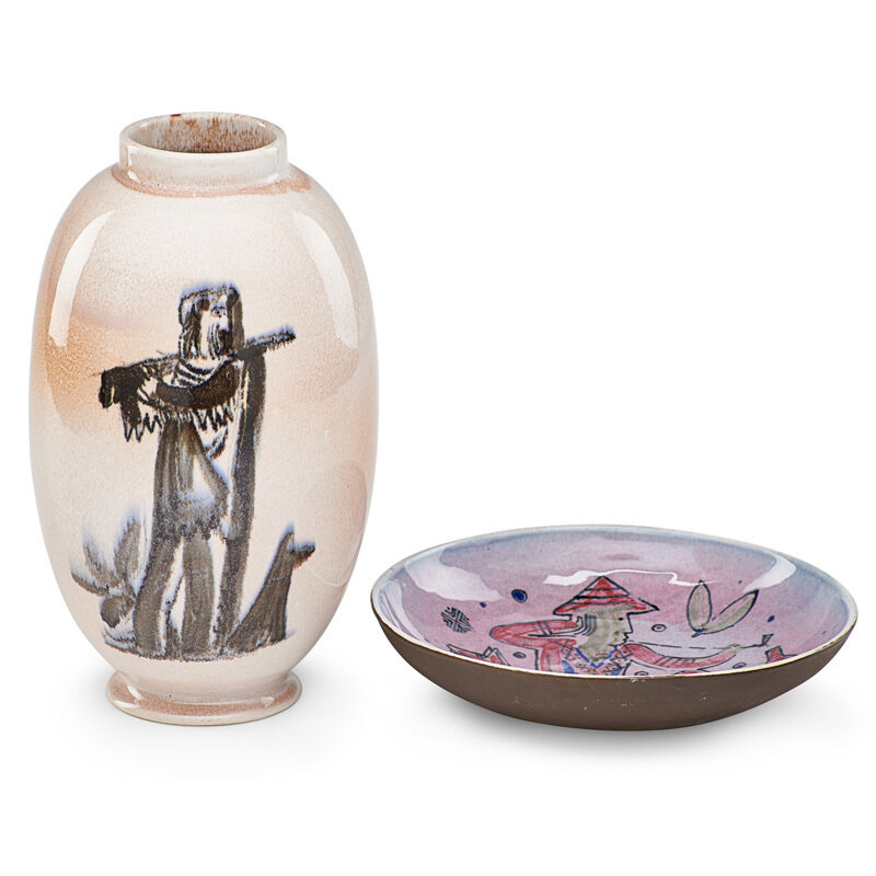 Karl Drerup, ‘Vase and bowl with Daniel Boone, dog, and Asian man smoking a pipe, Perth Amboy, NJ’, 1939, Design/Decorative Art, Glazed porcelain, Rago/Wright/LAMA/Toomey & Co.