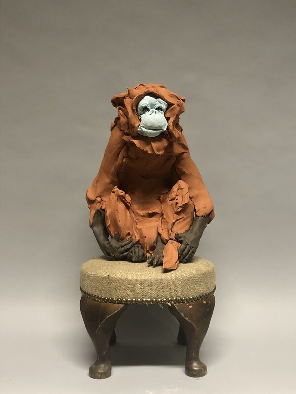 Stephanie Quayle, ‘Snub Nose Monkey’, 2015-19, Sculpture, Terracotta, body stain, chocolate black clay, wooden and cloth footstool, TJ Boulting