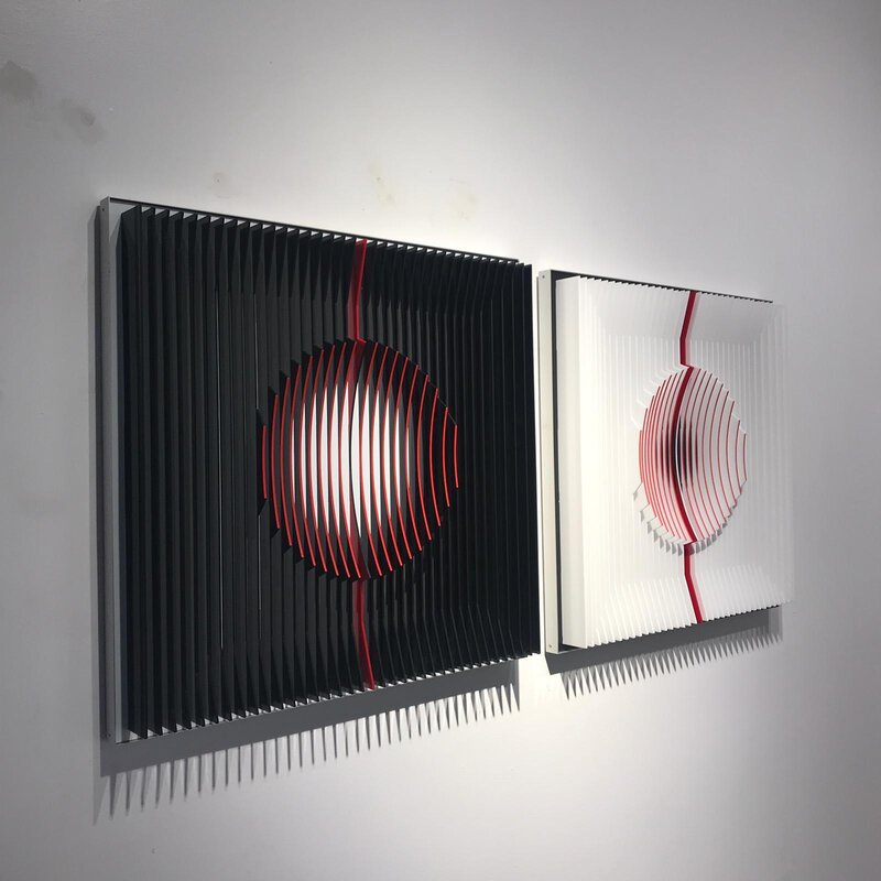 J. Margulis, ‘Red filled Moons - kinetic wall sculpture by J. Margulis’, 2017, Sculpture, Lucite sheets, Aluminum core, acrylic color, Contempop Gallery