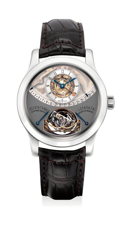Jaeger-LeCoultre, ‘An extremely rare and highly complicated platinum perpetual calendar wristwatch with equation of time, power reserve indication, gyrotourbillon regulator, warranty and box, numbered 64 of a limited edition of 75 pieces’, Circa 2010, Fashion Design and Wearable Art, Platinum, Phillips