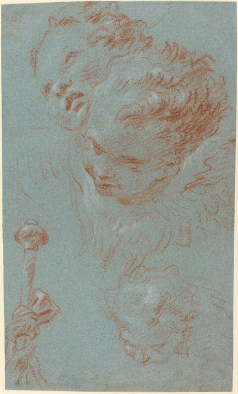 Giambattista Tiepolo, ‘Three Cherubs and a Beribboned Staff’, ca. 1750, Drawing, Collage or other Work on Paper, Red and white chalks on blue paper, National Gallery of Art, Washington, D.C.
