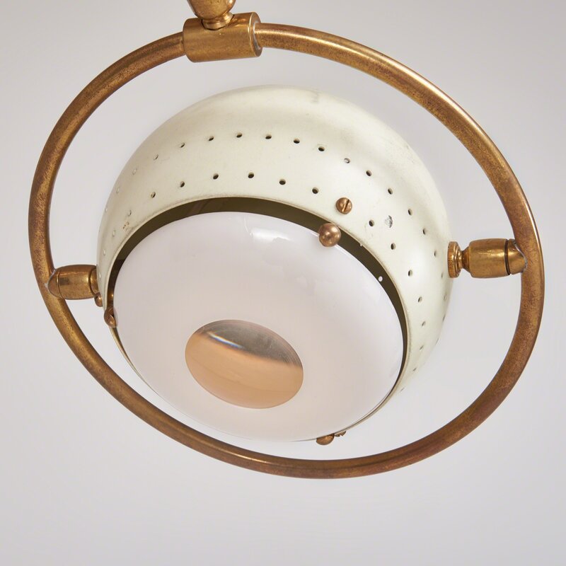 Attributed to Angelo Lelii, ‘Rare adjustable counterbalance ceiling lamp, Italy’, 1950s, Design/Decorative Art, Brass, enameled metal, acrylic, single socket, Rago/Wright/LAMA/Toomey & Co.