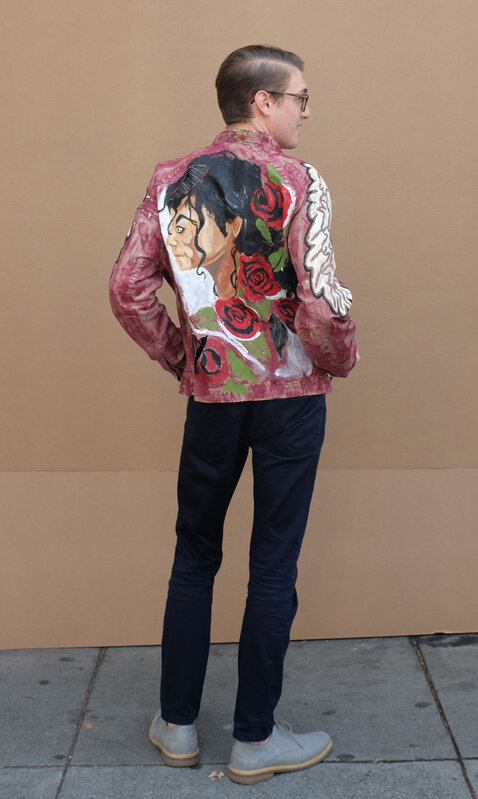 Joseph Green, ‘Michael Jackson (Red Jacket)’, 2018, Textile Arts, Mixed media on leather jacket, modeled by Michael Korcek, Creativity Explored