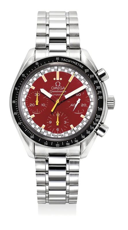 OMEGA, ‘A fine stainless steel chronograph wristwatch with red dial, bracelet, International Warranty and presentation box’, 1997