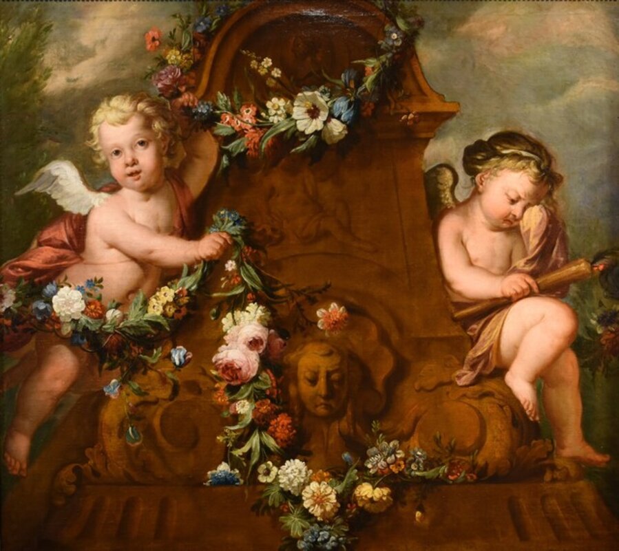 Cupids Garland Flowers Still-life 18th Century Paint Oil on canvas Old master Flemish school