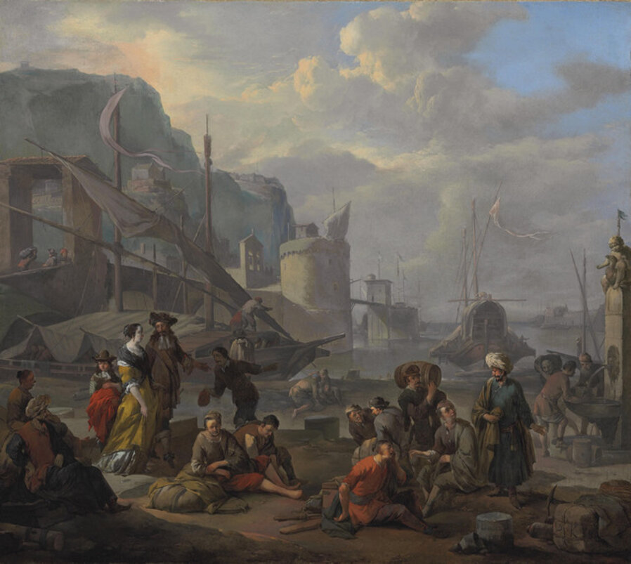 A Mediterranean port with an elegant couple and travelers resting by the quay