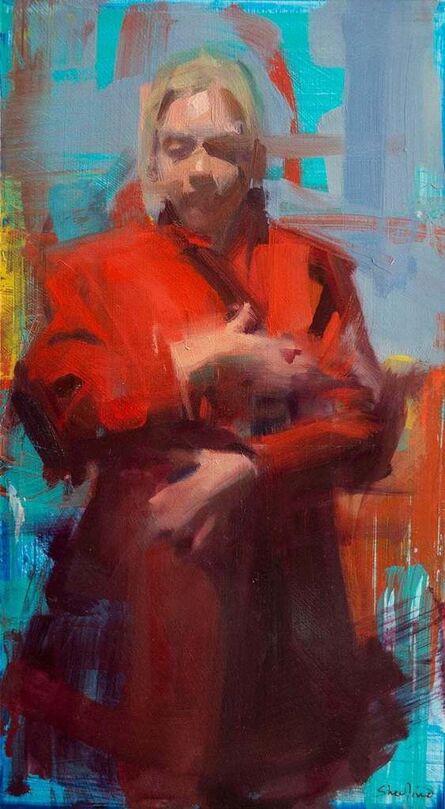 David Shevlino, ‘Red Coat / figurative painting of a woman in red trench coat ’, 2019