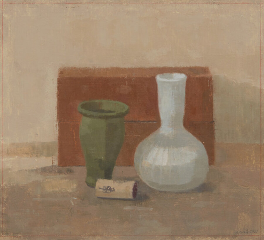 Bricks, Green Vase, White Vase and Cork