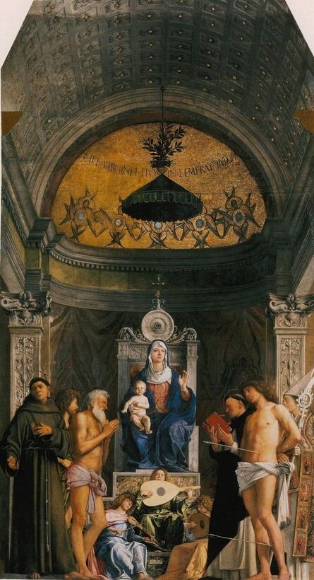 Giovanni Bellini, ‘Virgin and Child Enthroned with Saints Frances, John the Baptist, Job, Dominic, Sebastian, and Louis of Toulouse’, ca. 1478