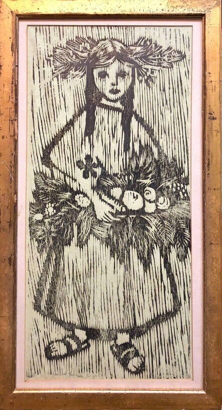 Hannah Yakin, ‘Unique Woodcut Print Girl with Flowers Monoprint Israeli Dutch Woman Artist’, 1960-1969