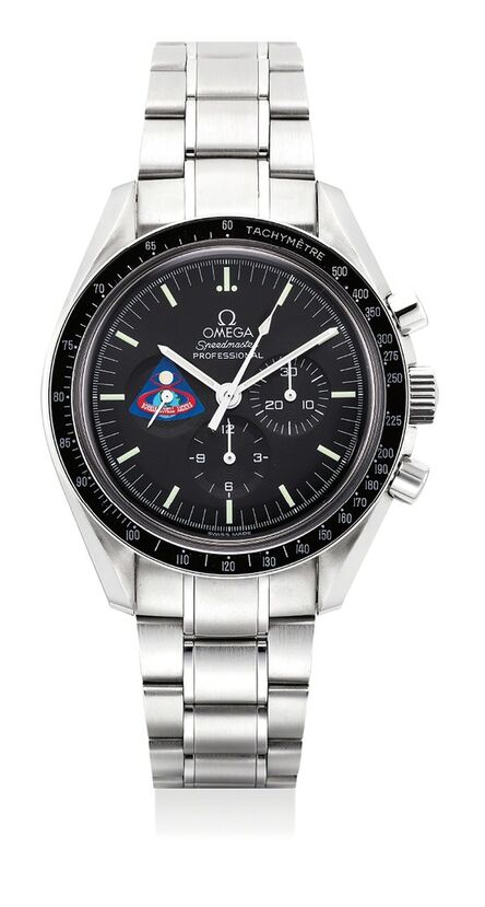 OMEGA, ‘A fine and rare stainless steel chronograph wristwatch with bracelet, International Warranty, commemoration badge and presentation box, made to commemorate the Apollo VIII mission’, Circa 1998