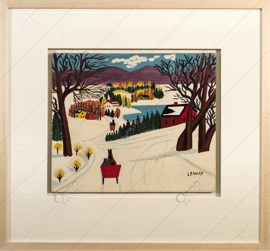 Winter Scene With Purple Mountains - bright, colorful, outsider art