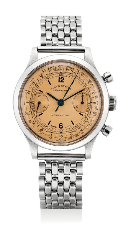 Rolex, ‘An extremely rare and highly attractive stainless steel chronograph wristwatch with salmon dial, tachymeter, telemeter scales and bracelet’, Circa 1945