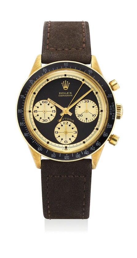 Rolex, ‘A highly attractive and rare yellow gold chronograph wristwatch with black "Paul Newman" dial displaying contrasting gold registers’, 1968