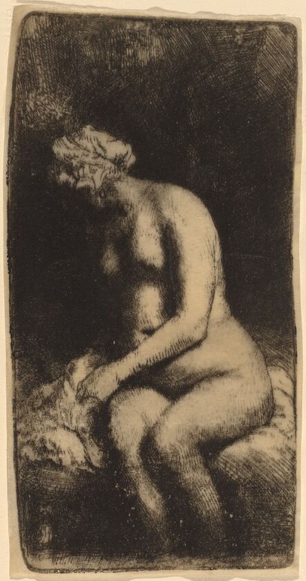 Rembrandt van Rijn, ‘Nude Seated on a Bench with a Pillow (Woman Bathing Her Feet at a Brook)’, 1658