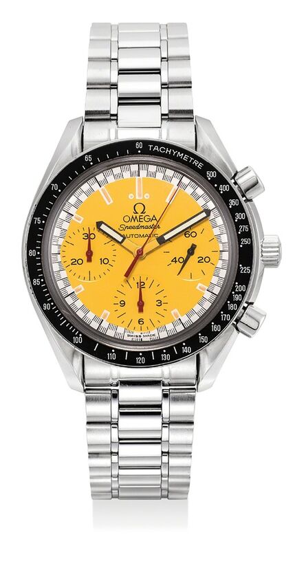 OMEGA, ‘A fine stainless steel chronograph wristwatch with yellow dial, bracelet, International Warranty and presentation box’, 1997