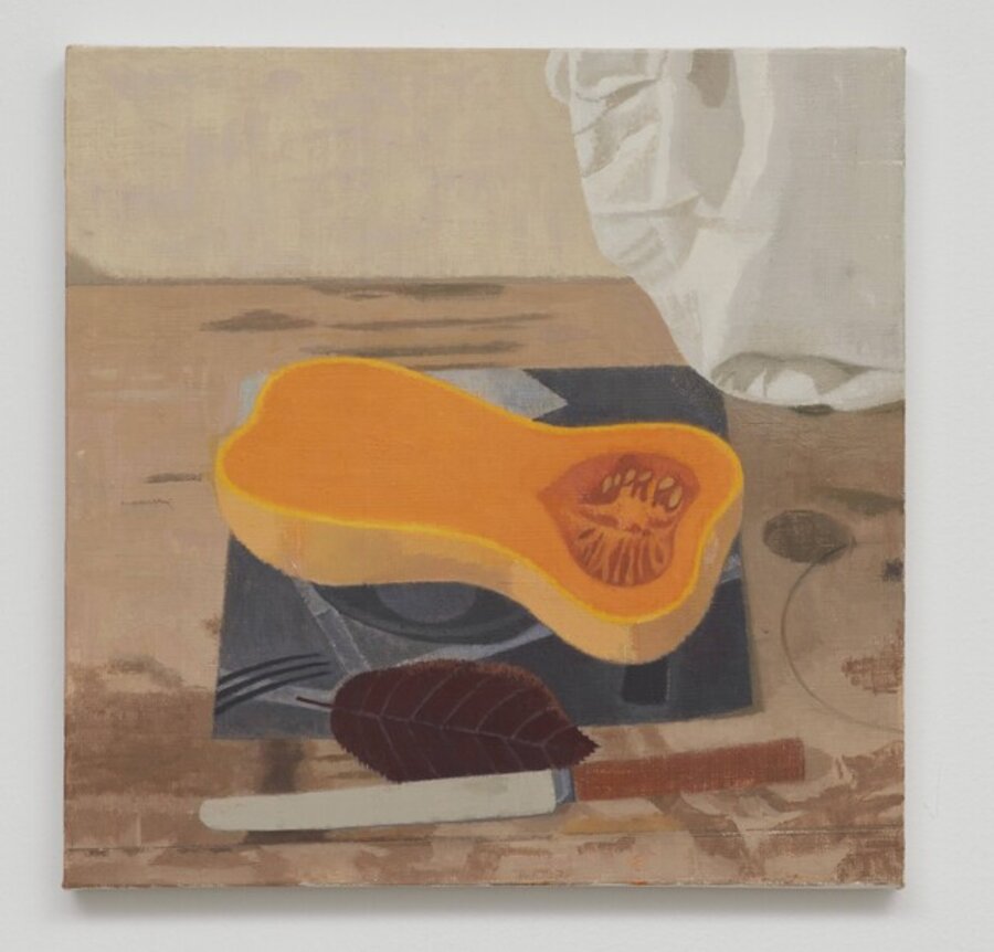 Cut-open Butternut Squash with Red Leaf, Knife, White Cloth, and Photocopy