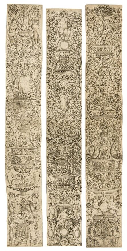 Giovanni Pietro da Birago, ‘Three ornamental vertical panels with sphinxes, decorative shields and putti (from a series of twelve unnumbered vertical panels)’, 1490-1515